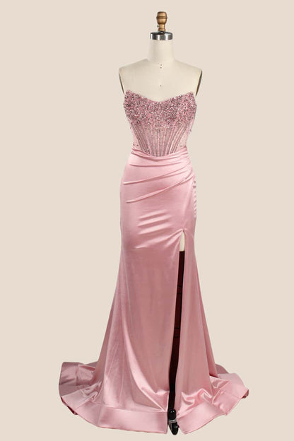 Rhinestones Black Satin Ruched Slit Long Dress