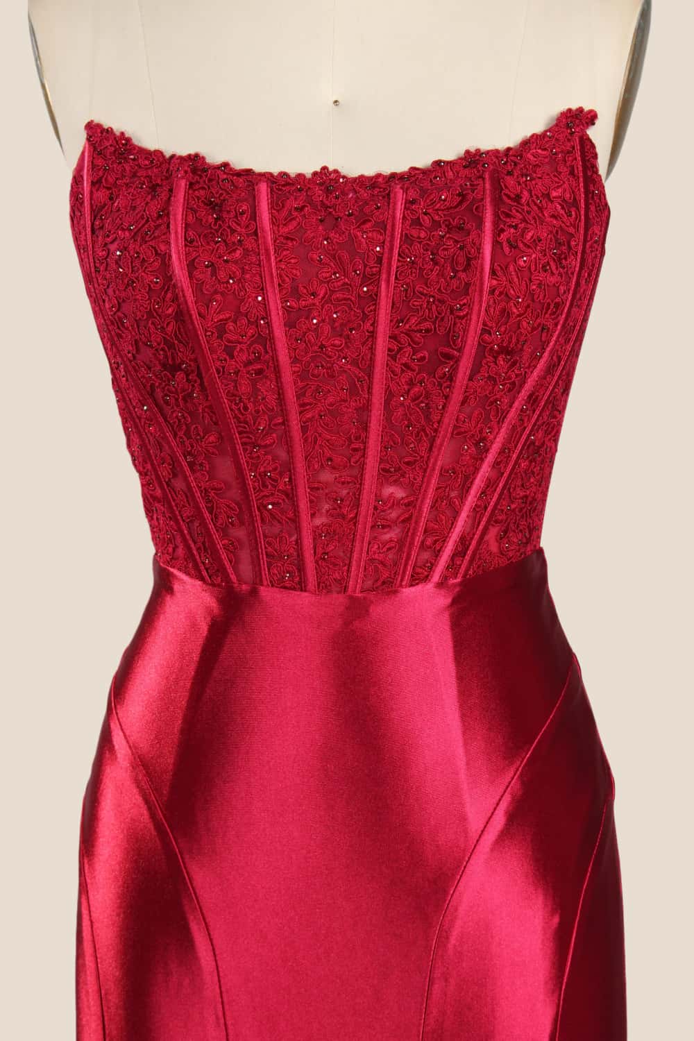 Red Appliques Strapless Satin Long Formal Dress