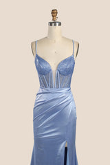Straps Beaded Blue Ruched Satin Fitted Prom Dress