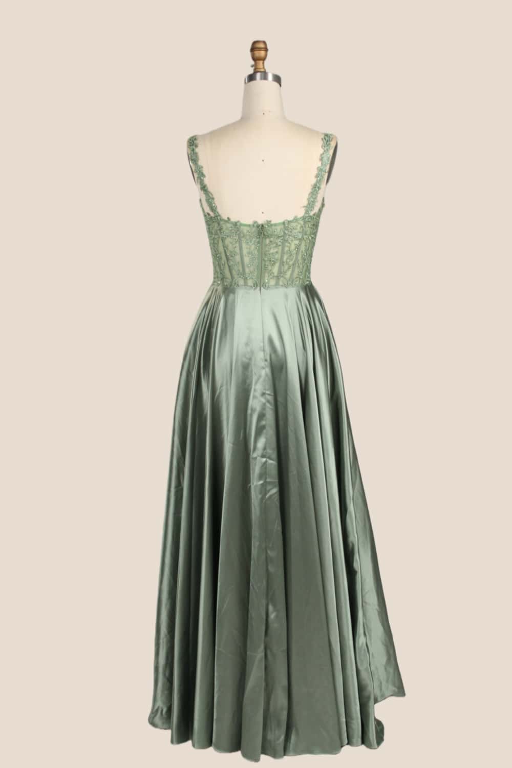 Sage Green Appliques Satin A-line Prom Gown