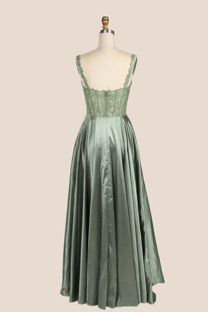Sage Green Appliques Satin A-line Prom Gown