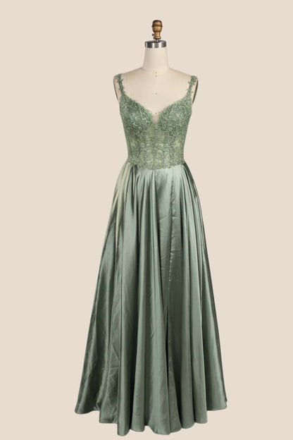 Sage Green Appliques Satin A-line Prom Gown