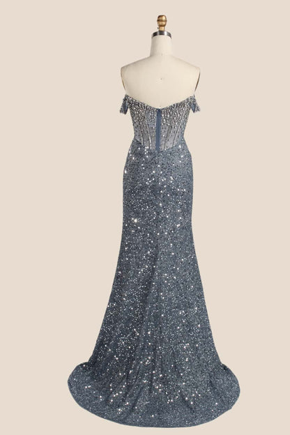 Grey Rhinestions Off the Shoulder Sequin Mermaid Formal Dress