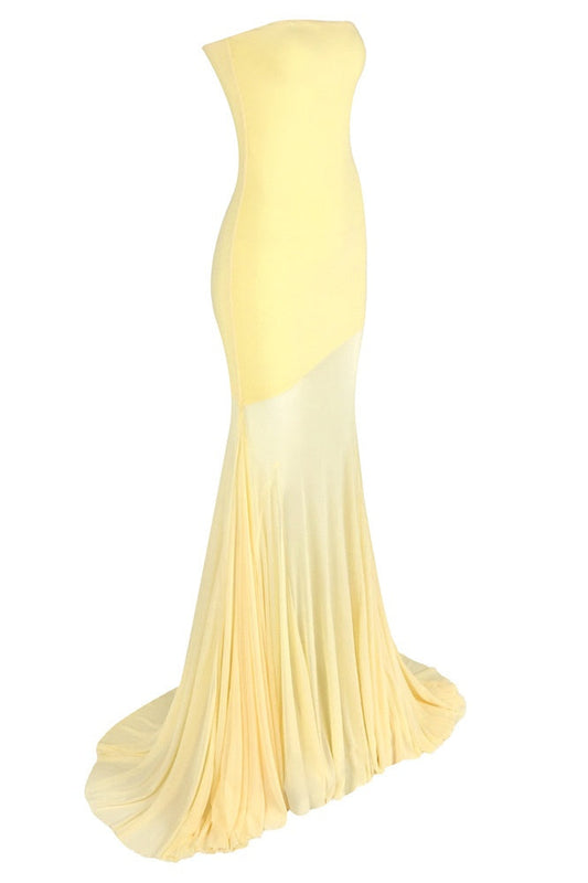 Strapless Yellow Mesh Mermaid Long Dress