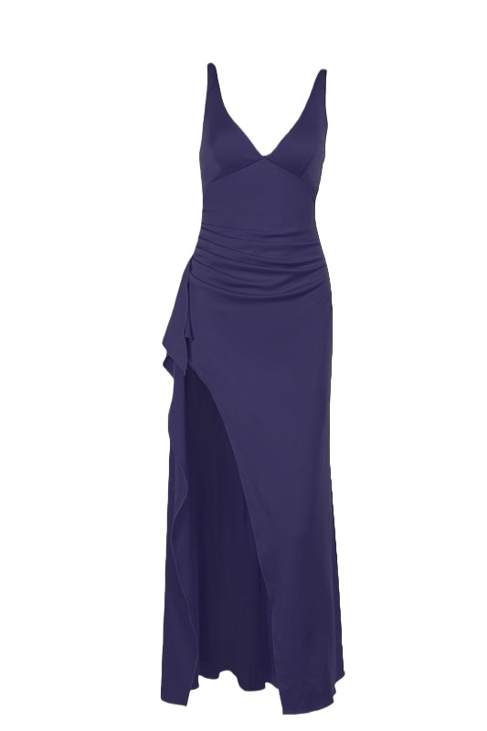 V Neck Red Fitted Frill Long Party Dress