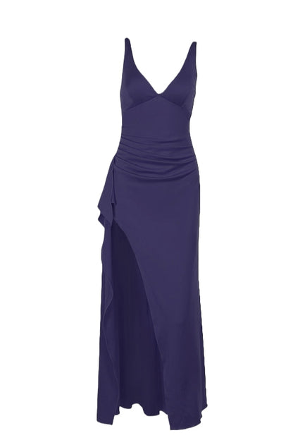 V Neck Red Fitted Frill Long Party Dress