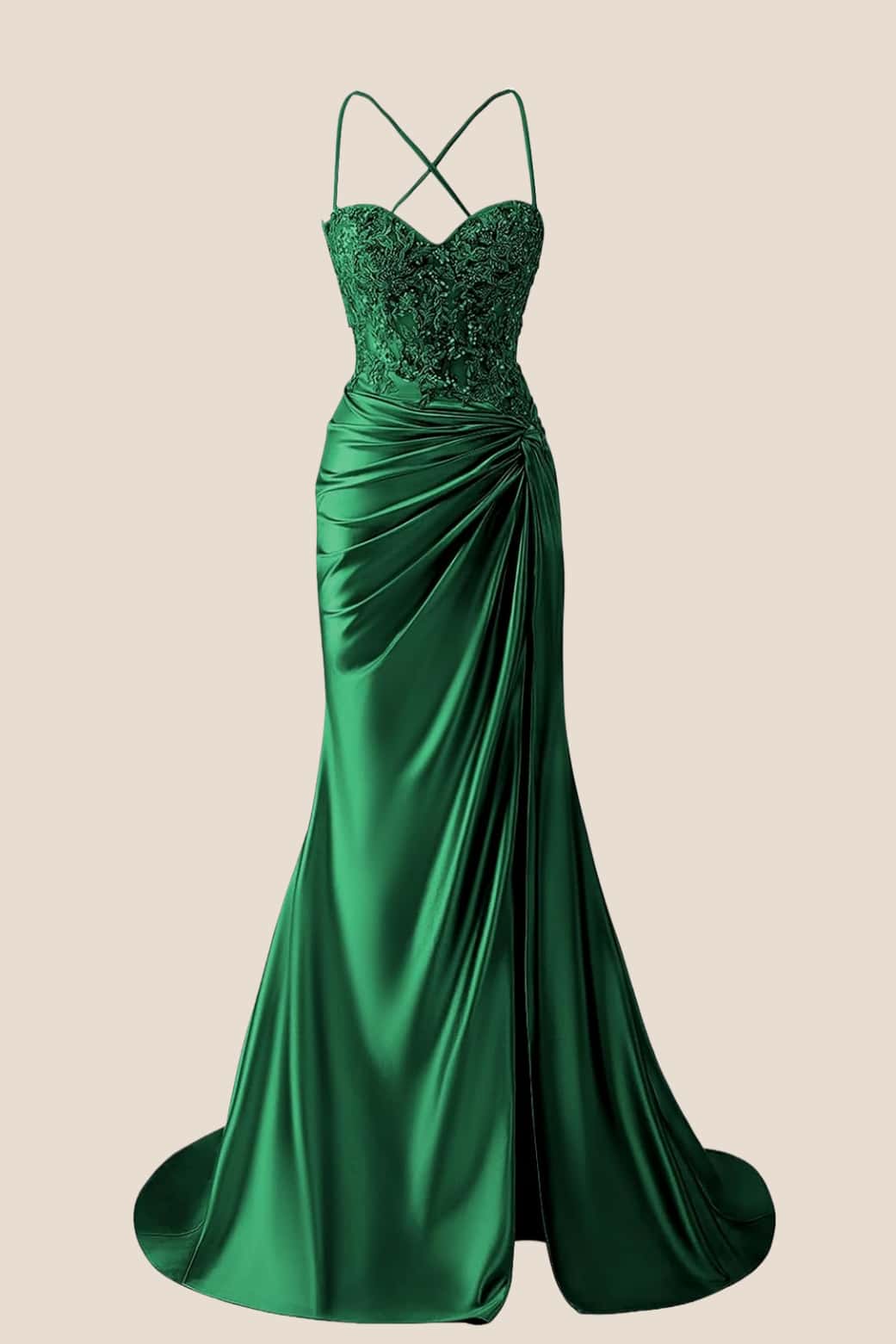 Sage Appliques Twist Satin Mermaid Prom Dress