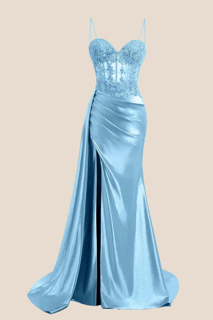 Sage Sheer Appliques Satin Long Prom Dress with Train