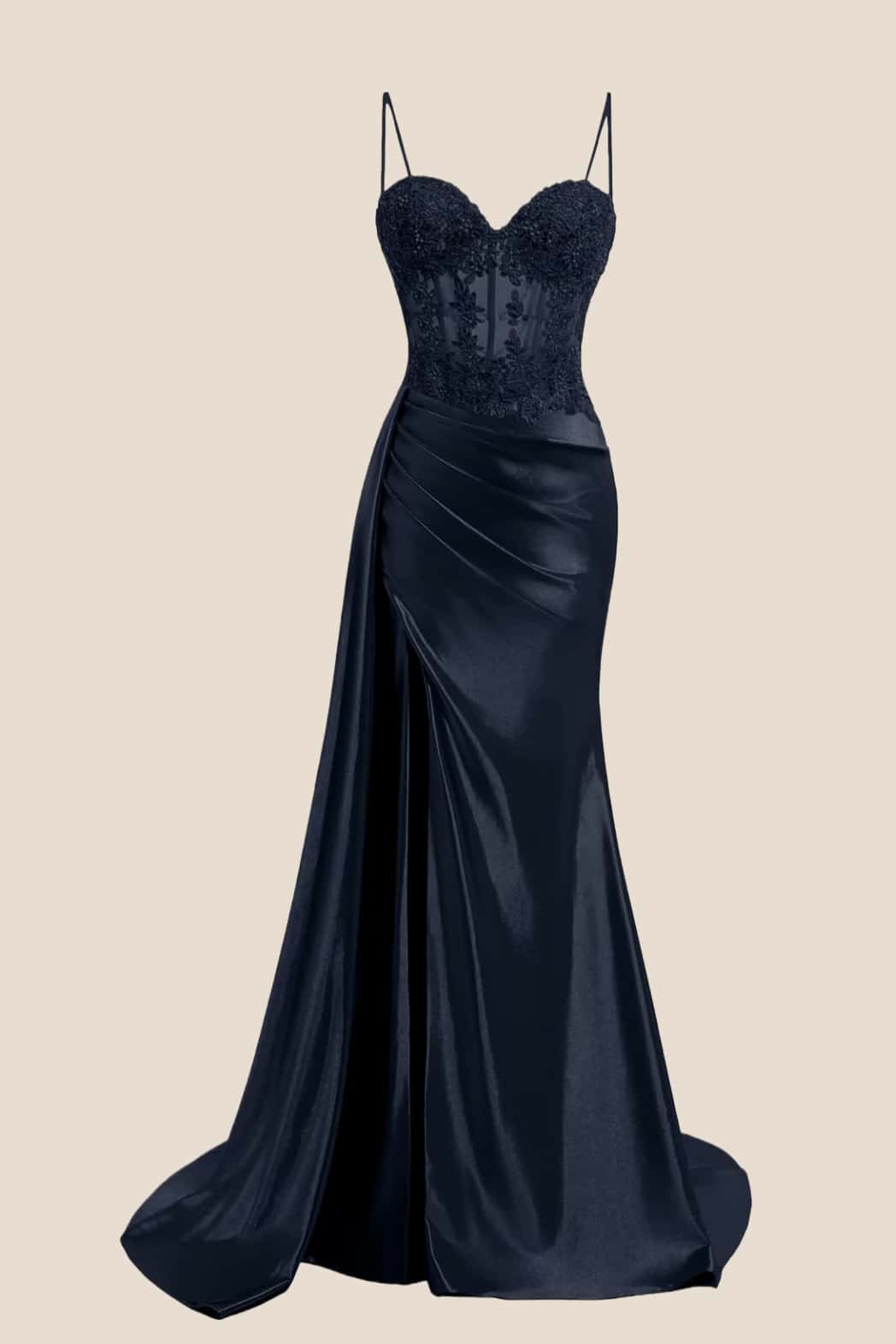 Sage Sheer Appliques Satin Long Prom Dress with Train