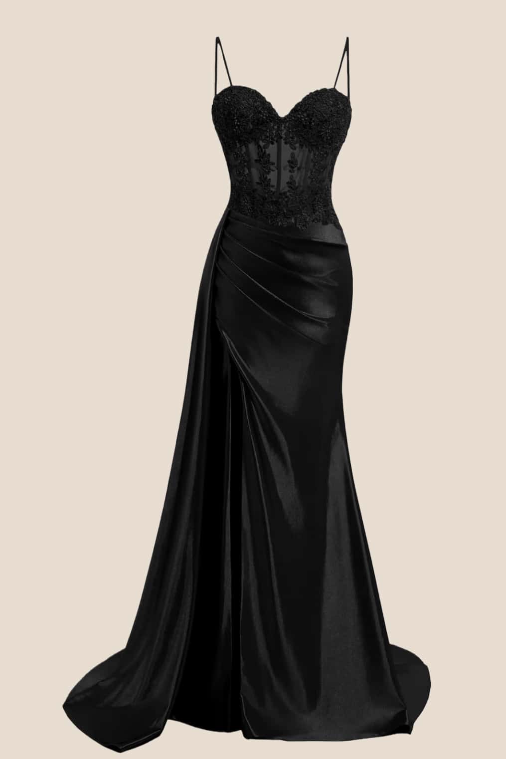 Sage Sheer Appliques Satin Long Prom Dress with Train