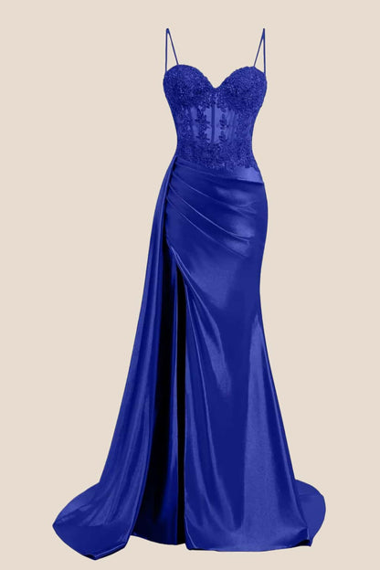 Sage Sheer Appliques Satin Long Prom Dress with Train