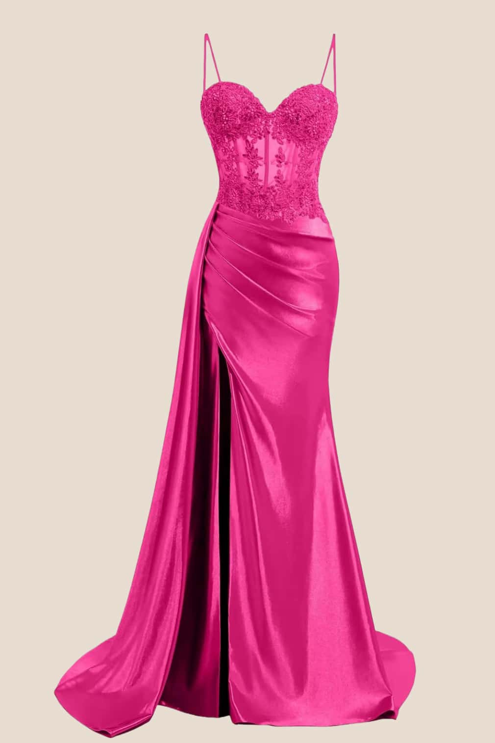 Sage Sheer Appliques Satin Long Prom Dress with Train