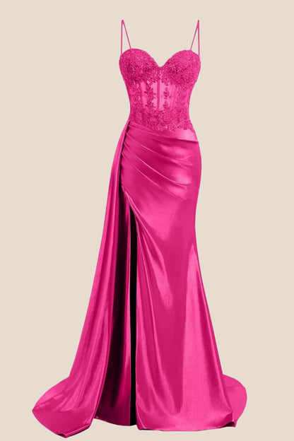 Sage Sheer Appliques Satin Long Prom Dress with Train