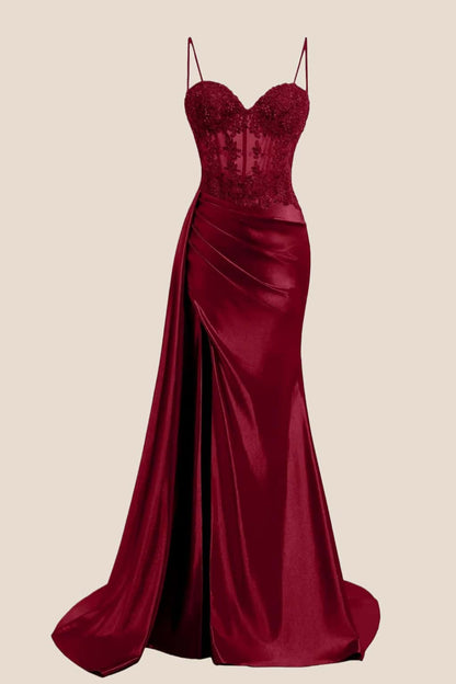 Sage Sheer Appliques Satin Long Prom Dress with Train