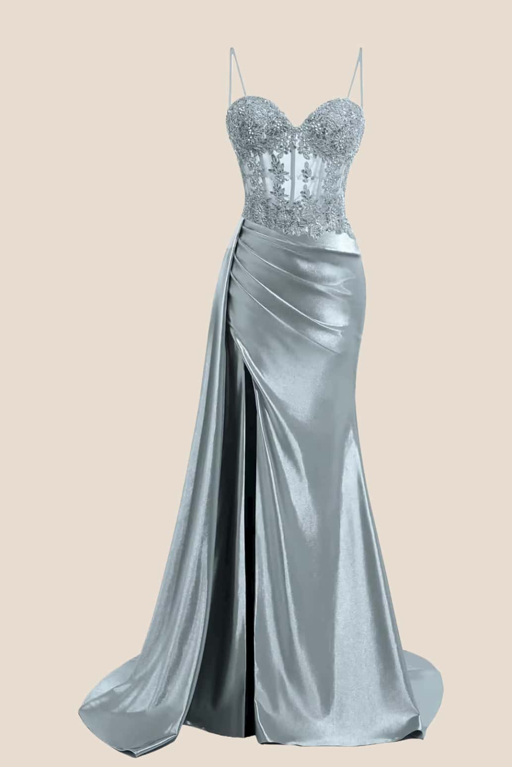 Sage Sheer Appliques Satin Long Prom Dress with Train