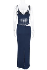 Navy Blue Sheer Cutout Fitted Dress