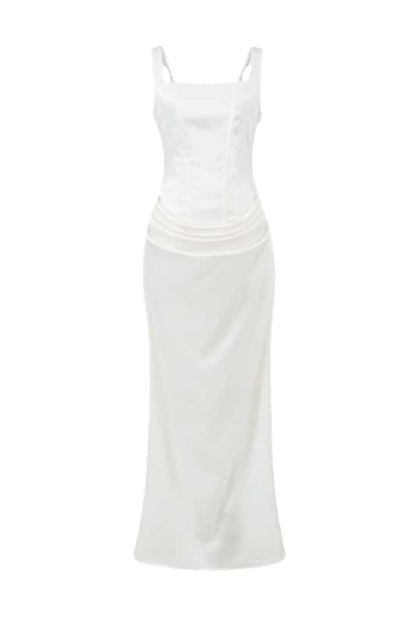 Square Neck Black Satin Ruched Long Dress