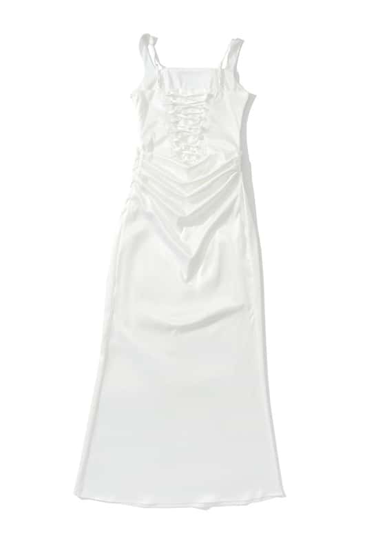 Square Neck Black Satin Ruched Long Dress