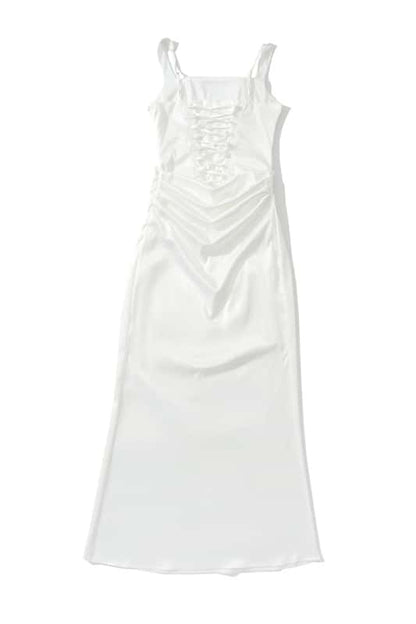 Square Neck Black Satin Ruched Long Dress
