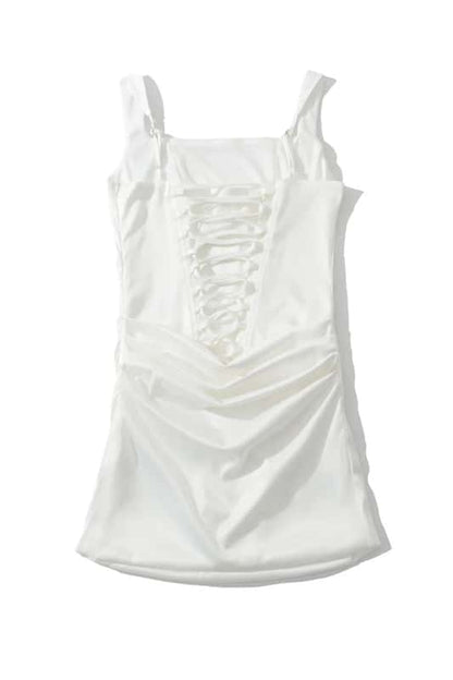 Square Neck Brown Ruched Short Party Dress
