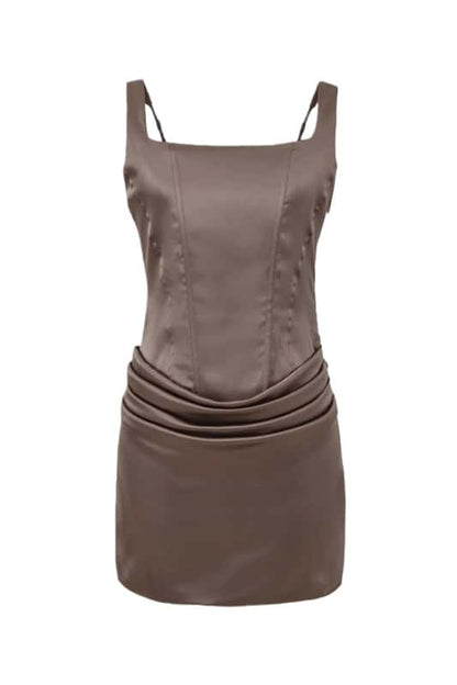 Square Neck Brown Ruched Short Party Dress