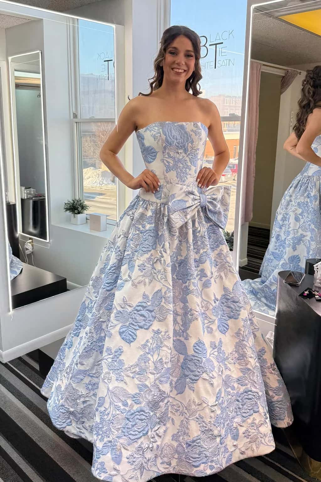 Purple Floral Strapless A-line Bow Prom Dress