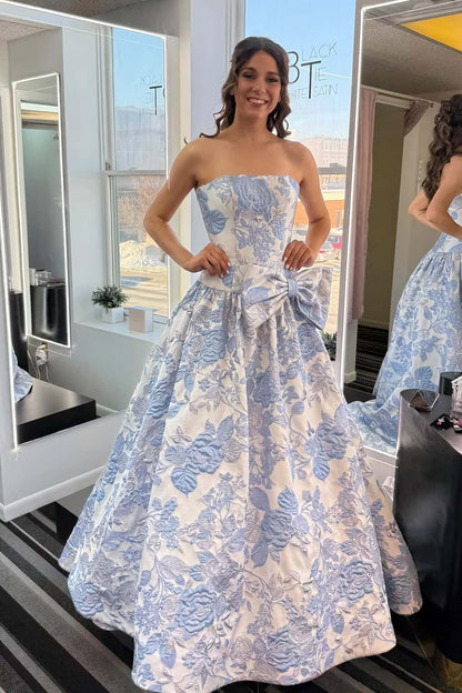 Purple Floral Strapless A-line Bow Prom Dress