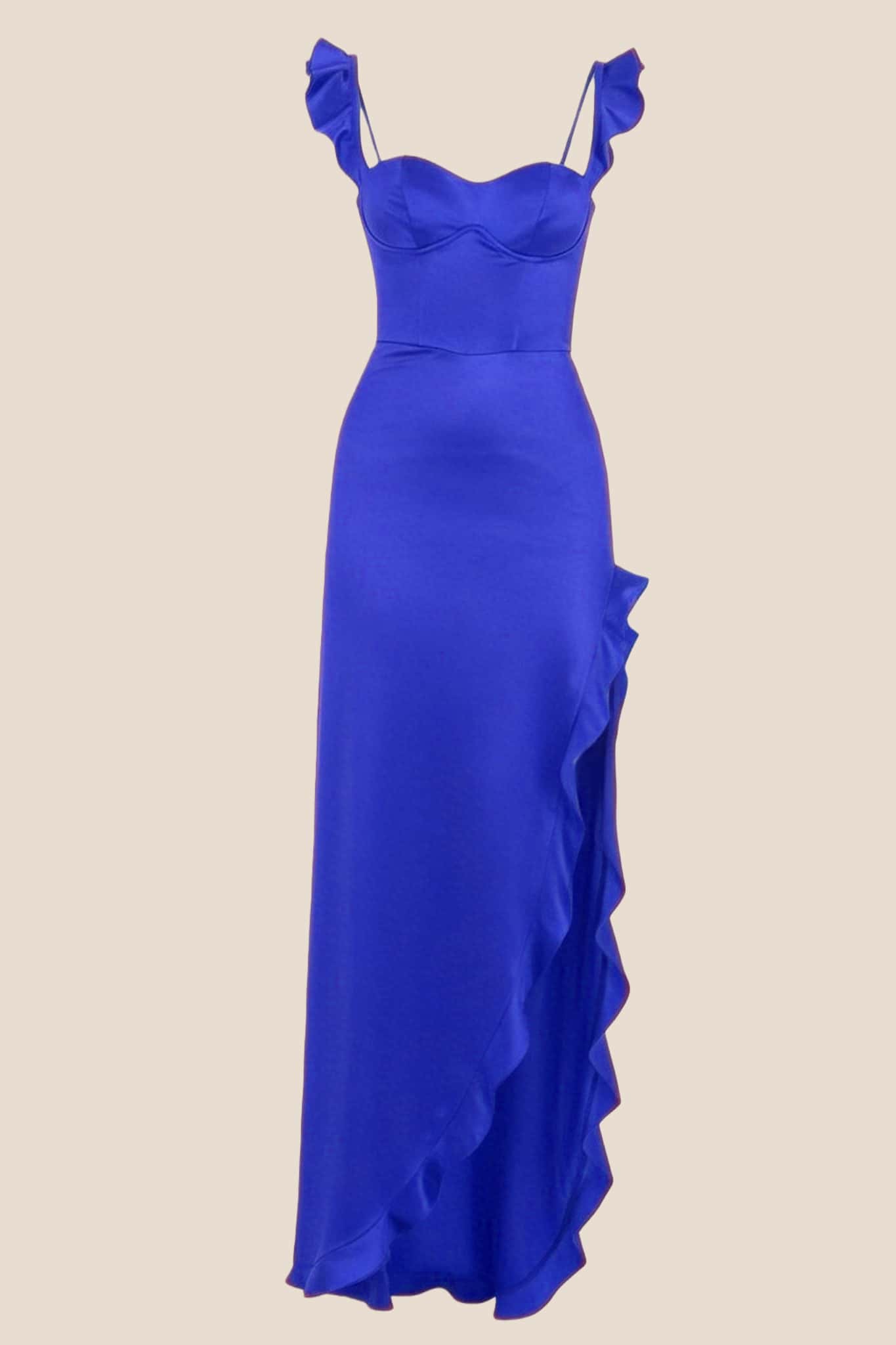 Ruffle Straps Red Satin Slit Dress