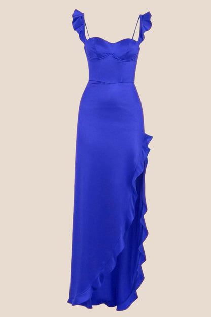 Ruffle Straps Red Satin Slit Dress