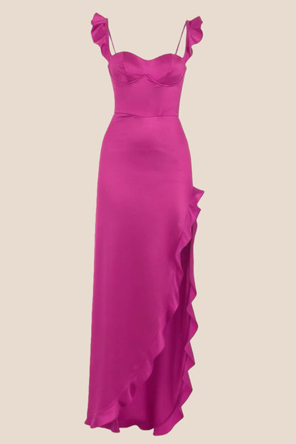 Ruffle Straps Red Satin Slit Dress