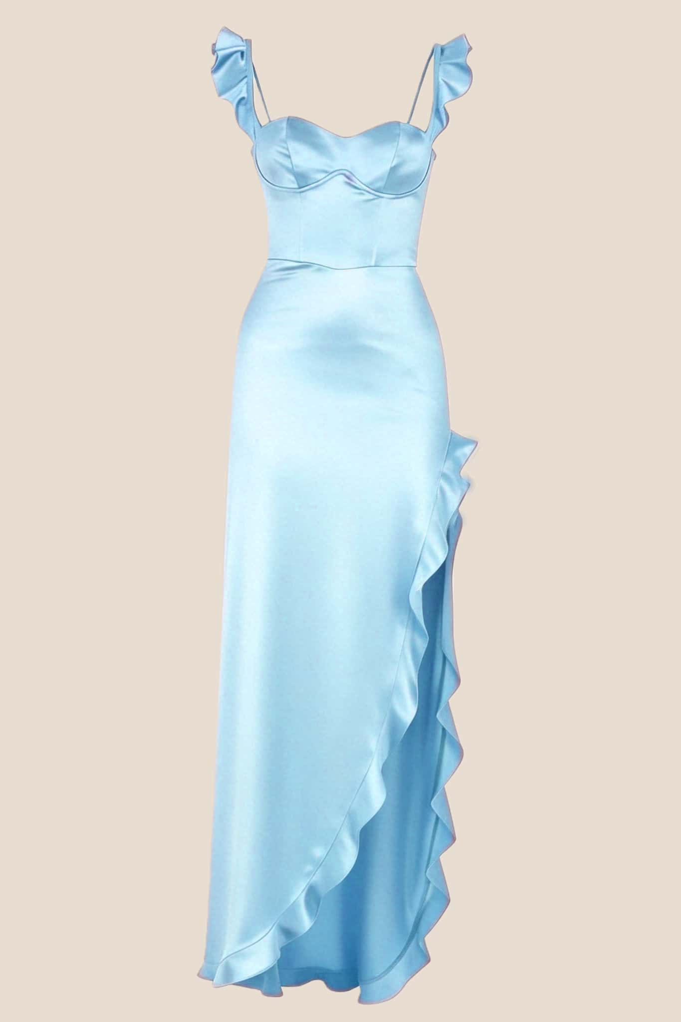 Ruffle Straps Red Satin Slit Dress