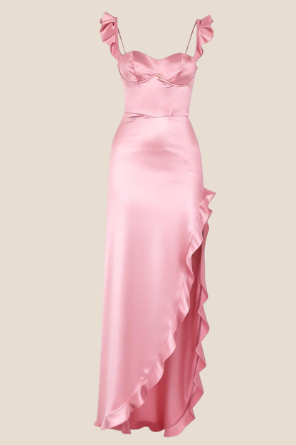 Ruffle Straps Red Satin Slit Dress