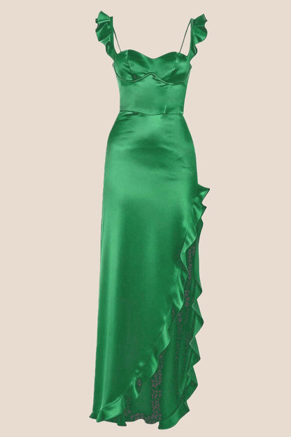 Ruffle Straps Red Satin Slit Dress