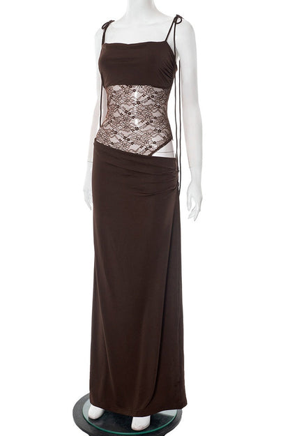 Straps Brown Sheer Tight Long Dress