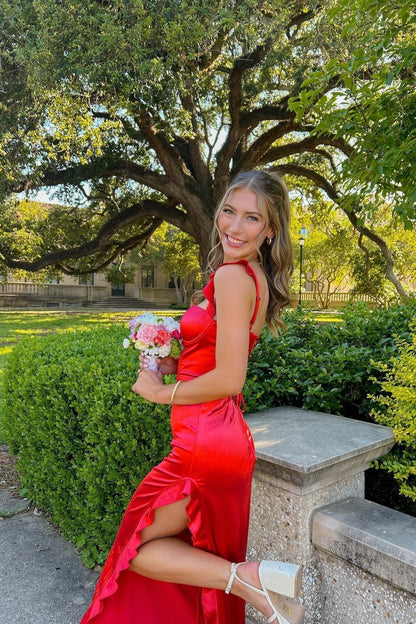 Ruffle Straps Red Satin Slit Dress