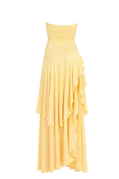 Strapless Yellow Ruffle Slit Long Dress