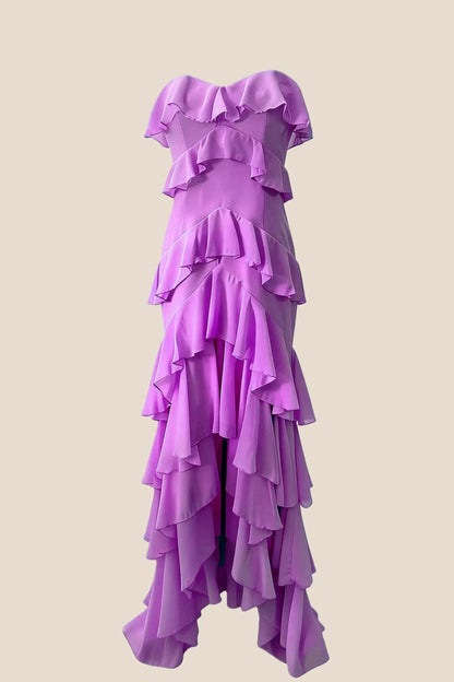 Strapless Blue Ruffle Tiered Long Chiffon Dress