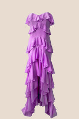 Strapless Blue Ruffle Tiered Long Chiffon Dress
