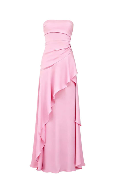 Red Strapless Ruched Slit Dress