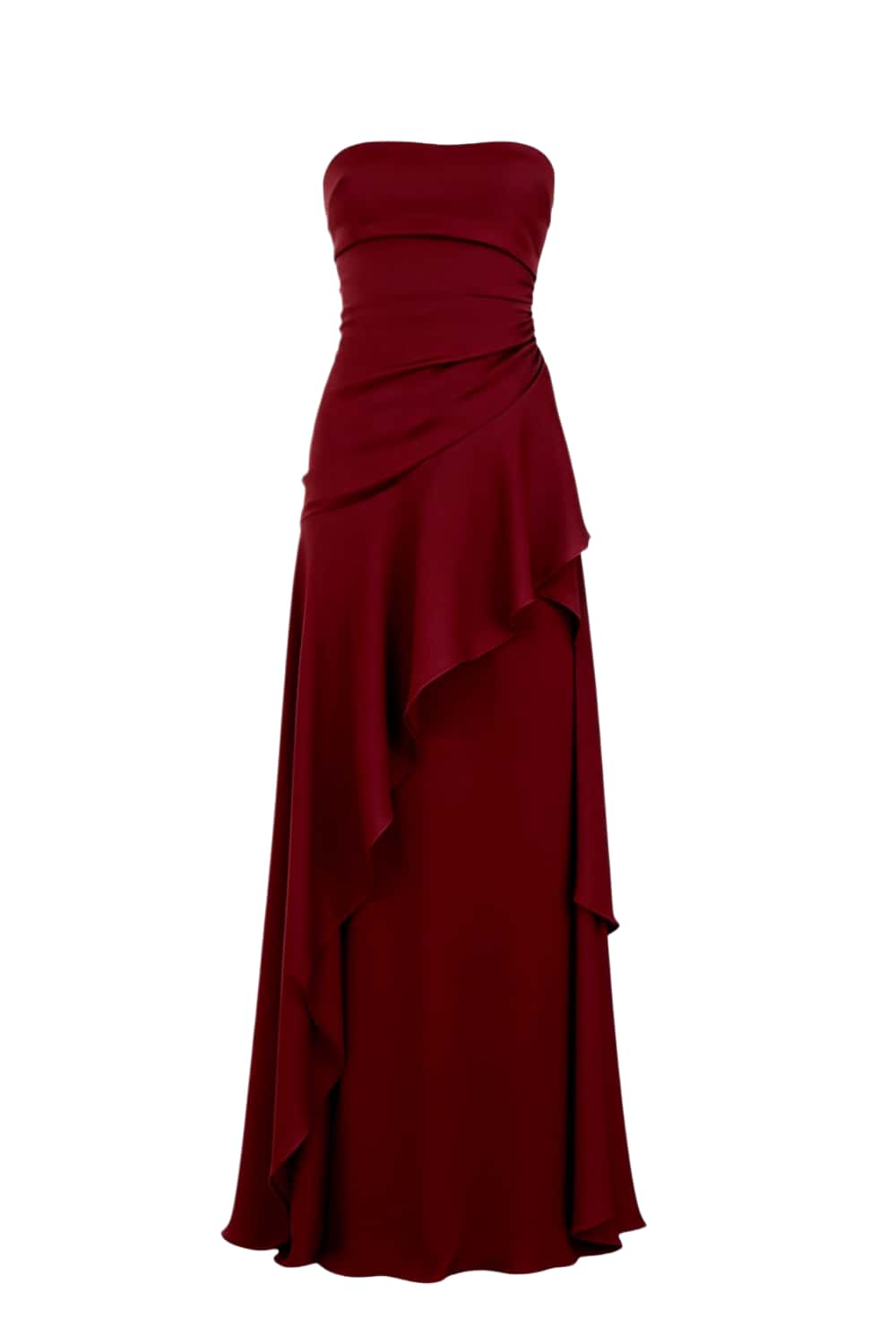 Red Strapless Ruched Slit Dress