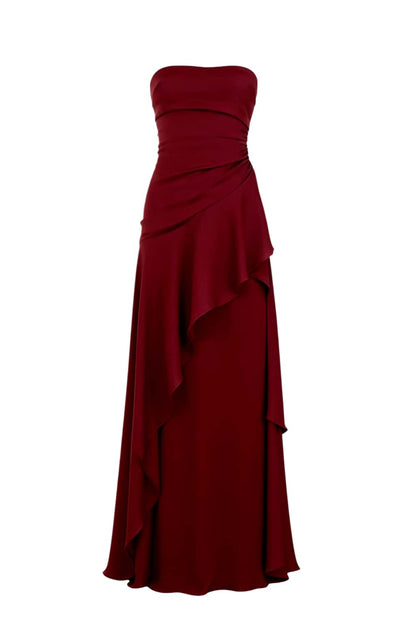 Red Strapless Ruched Slit Dress
