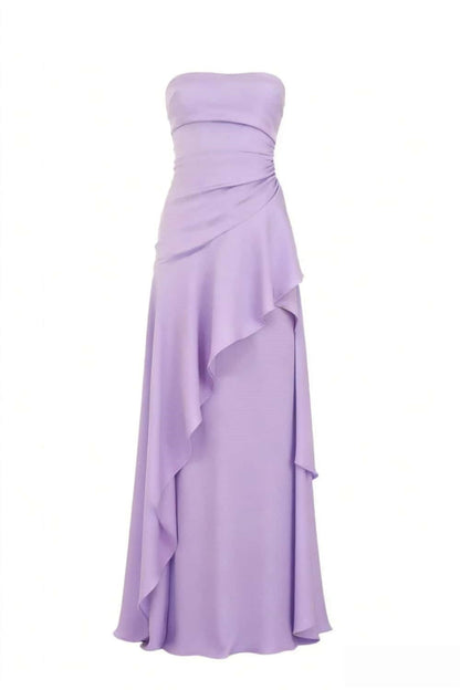 Sky Blue Strapless Ruched Slit Long Dress