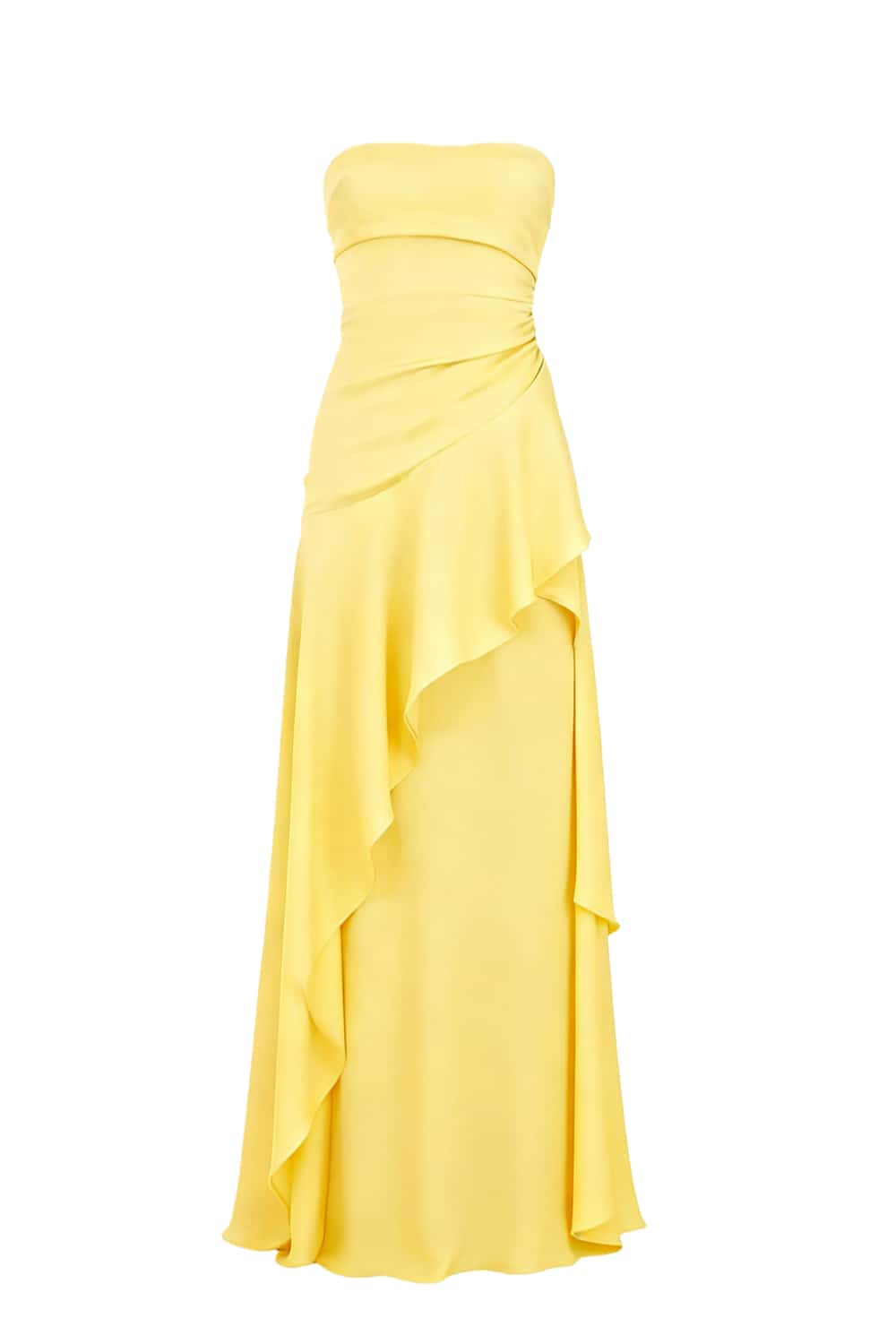 Red Strapless Ruched Slit Dress