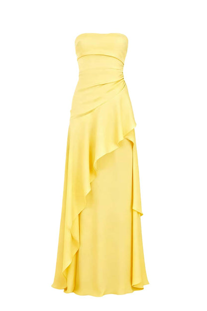 Sky Blue Strapless Ruched Slit Long Dress