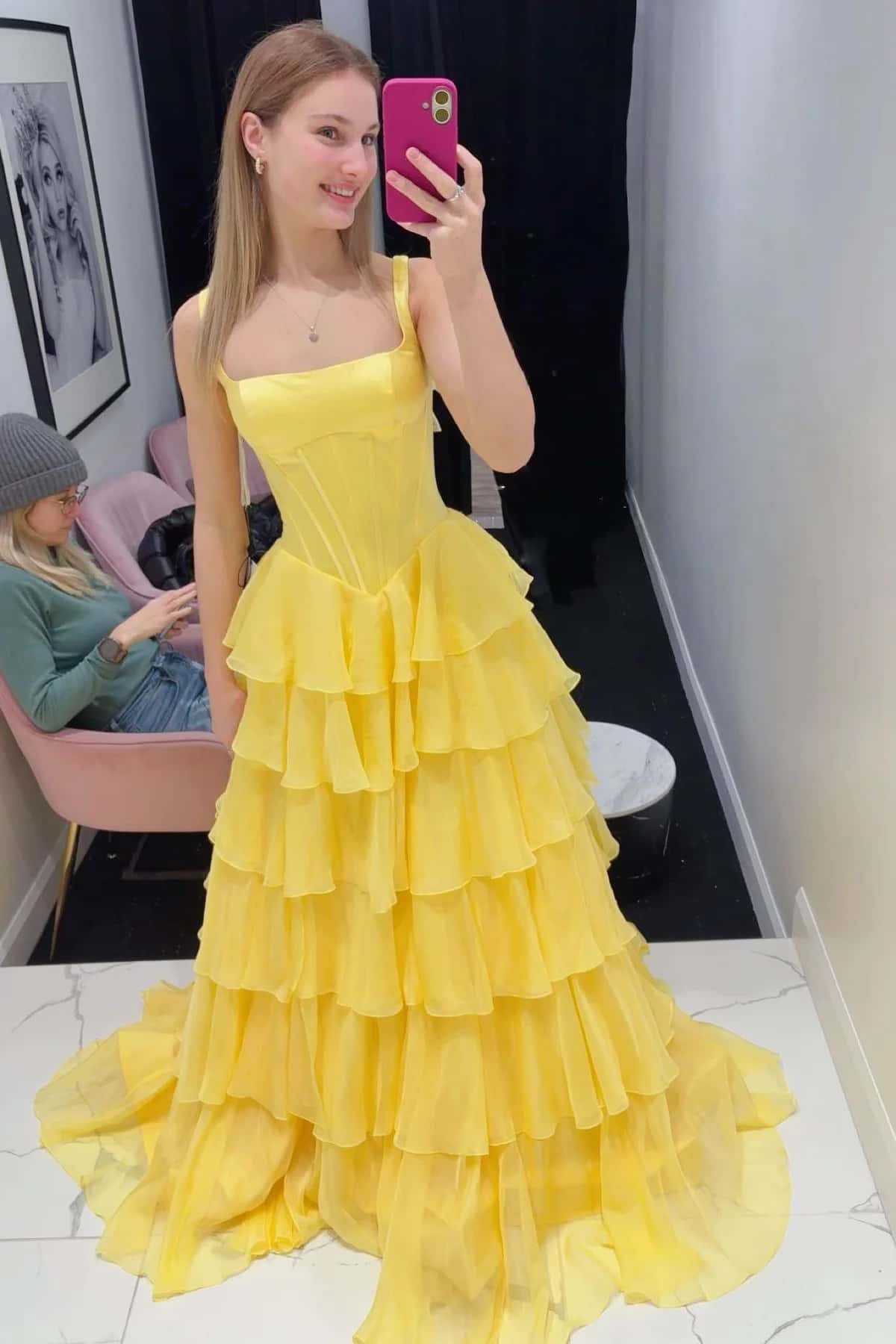 Square Neck Lavender Corset Ruffle Prom Dress