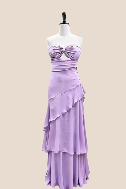 Keyhole Light Blue Chiffon Ruffle Maxi Dress