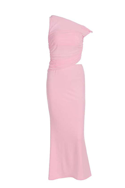 One Shoulder Pink Cutout Fitted Long Dress