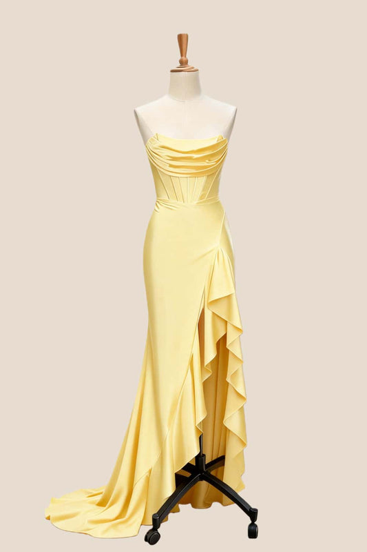 Royal Blue Satin Cowl Neck Frill Slit Long Dress
