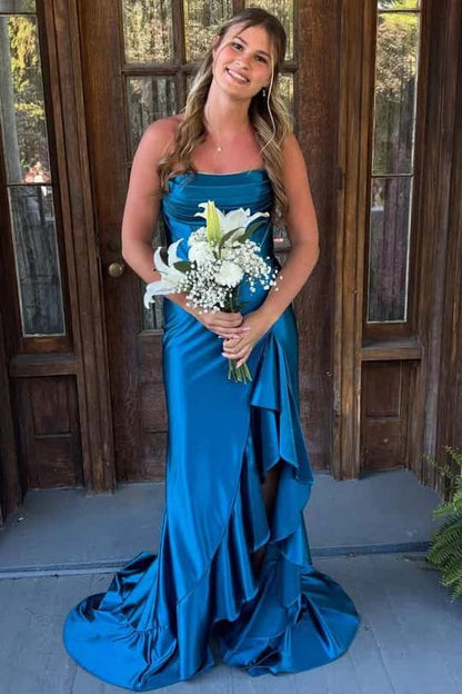 Royal Blue Satin Cowl Neck Frill Slit Long Dress