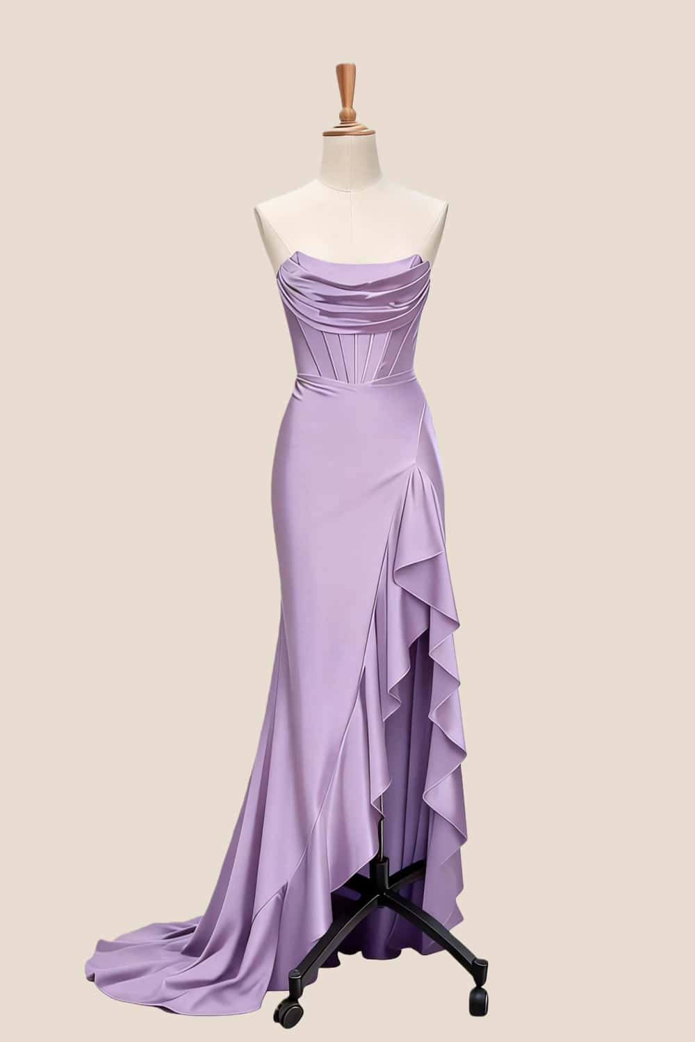 Royal Blue Satin Cowl Neck Frill Slit Long Dress